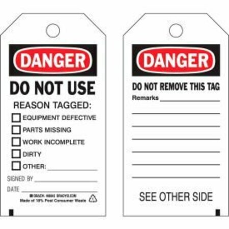 BRADY Brady Danger Do Not Use Tag, 2 Sided, 100/Pkg, Cardstock, 3inW x 5-3/4inH 86643